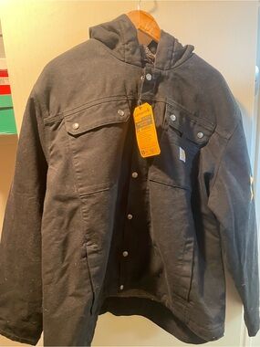 Carhartt Black Hooded Work Jacket with Snap Front